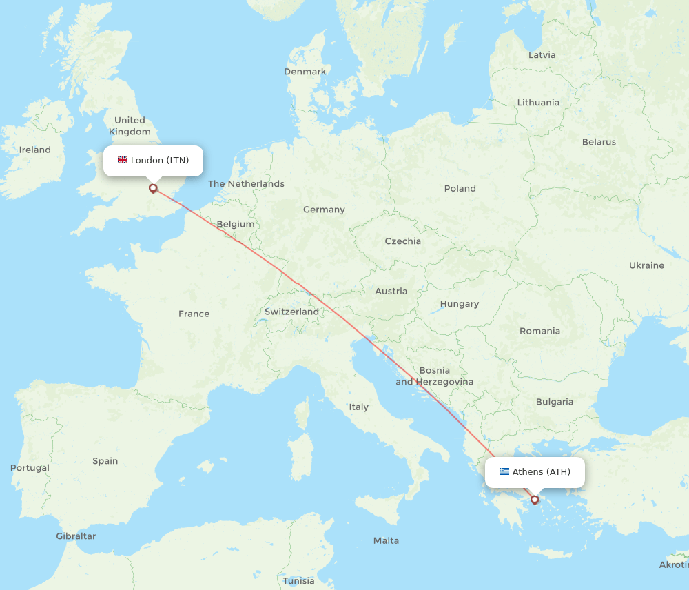 Athens - London route map and flight paths