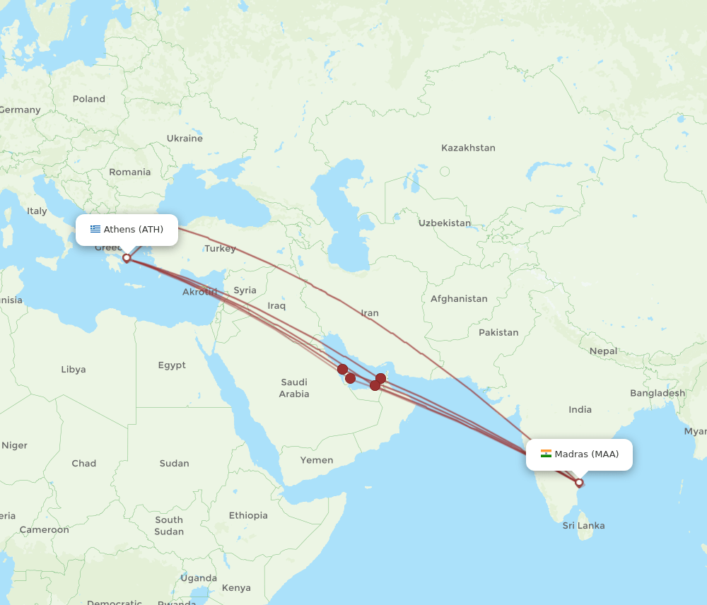 ATH to MAA flights and routes map