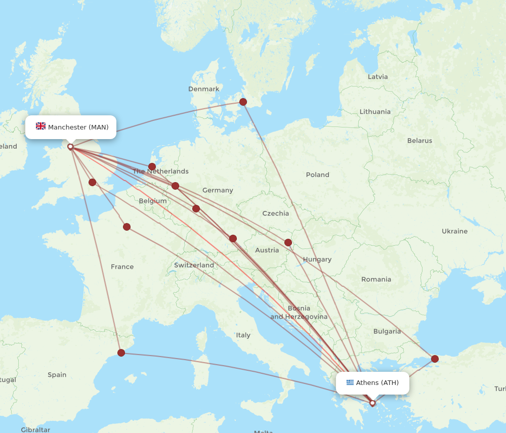 ATH to MAN flights and routes map