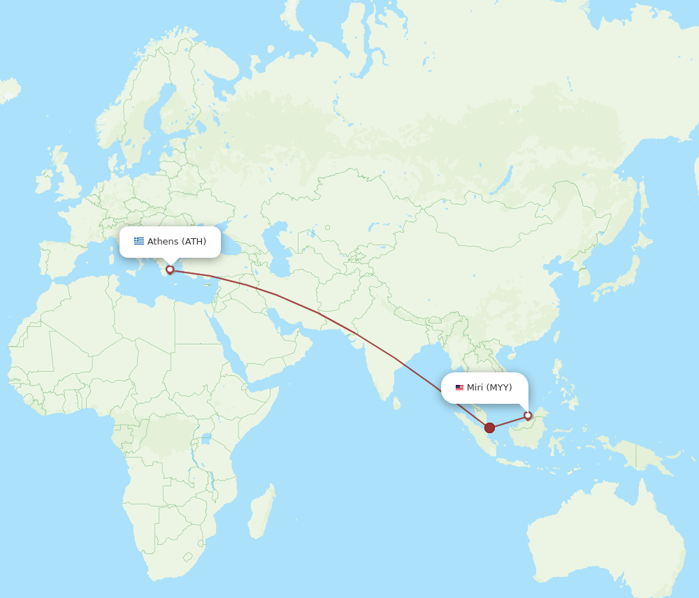 Miri - Athens route map and flight paths