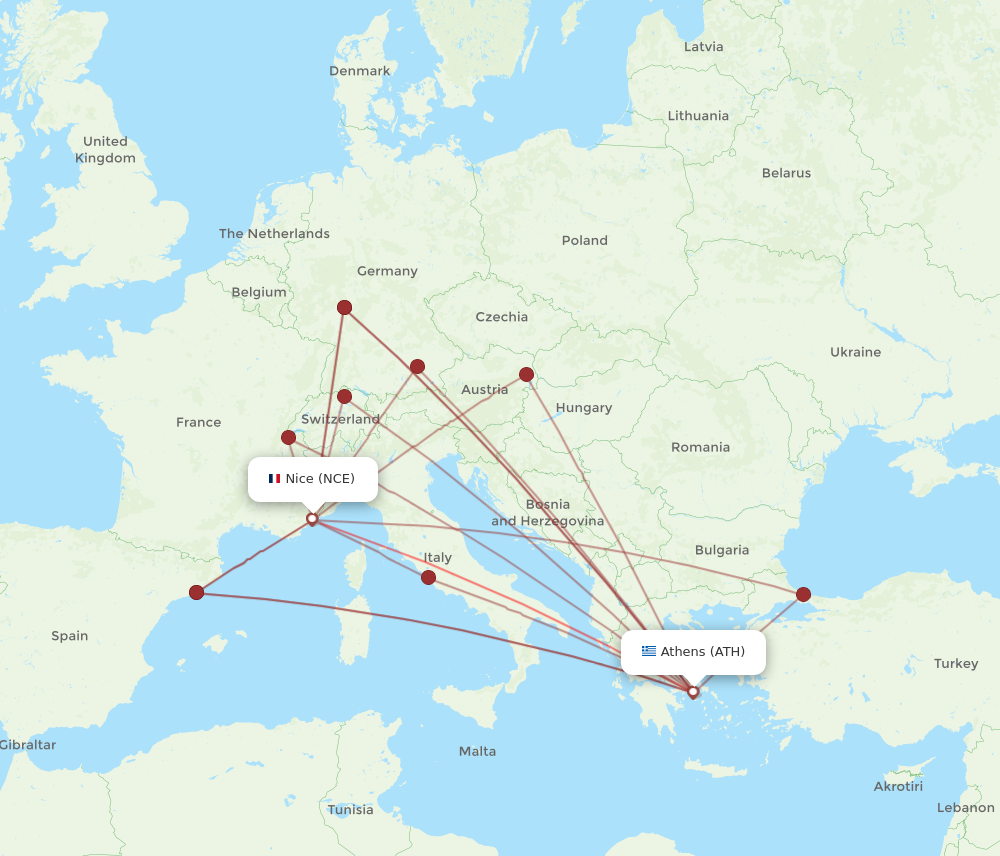 ATH to NCE flights and routes map