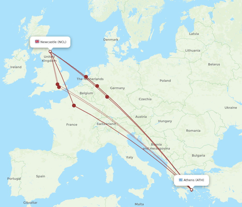 ATH to NCL flights and routes map