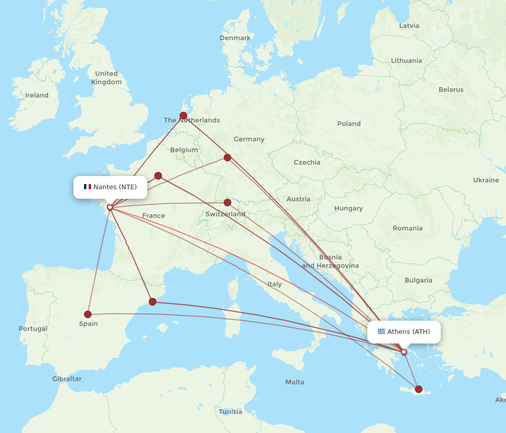 ATH to NTE flights and routes map