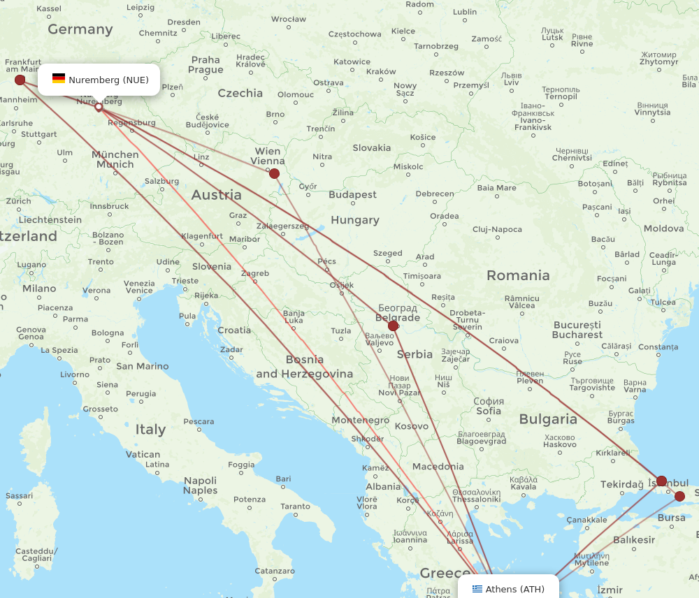 ATH to NUE flights and routes map