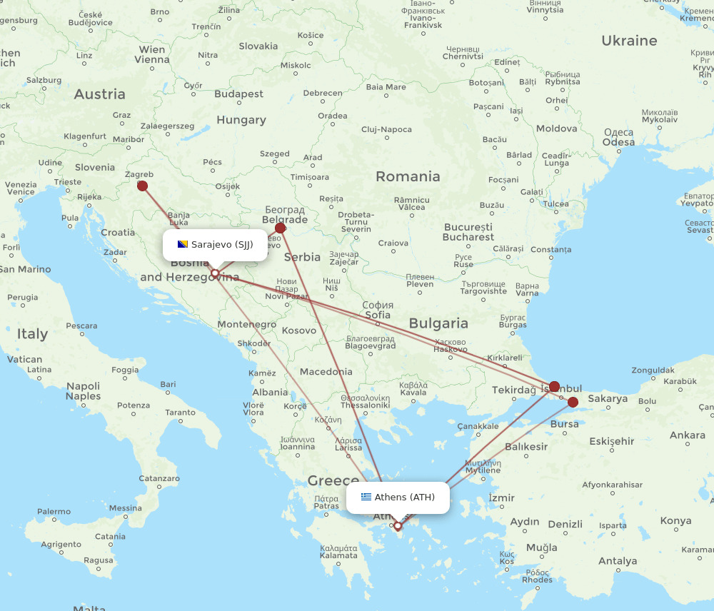 ATH to SJJ flights and routes map