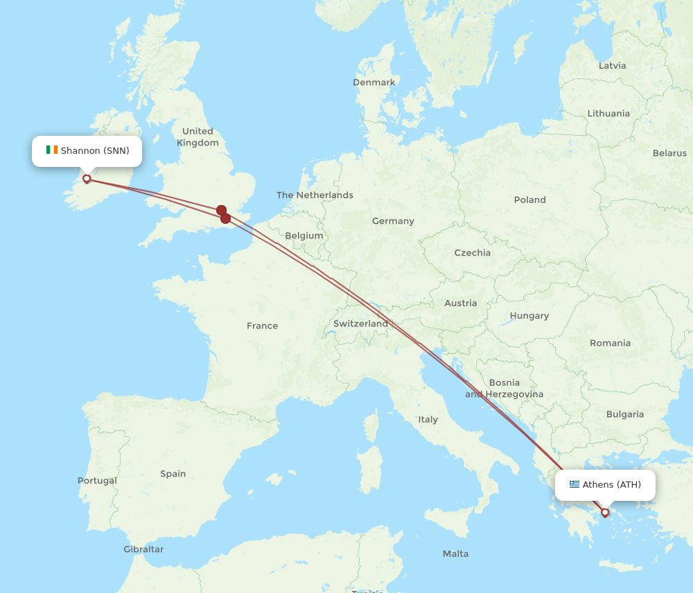 ATH to SNN flights and routes map