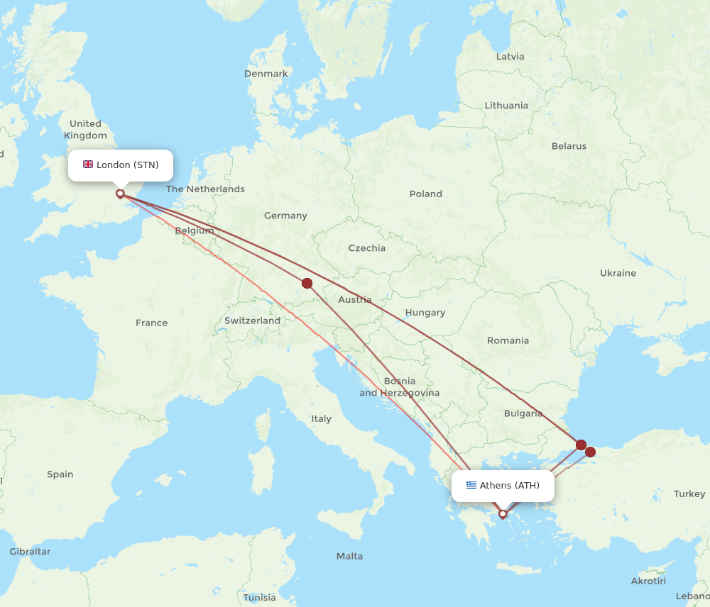 ATH to STN flights and routes map