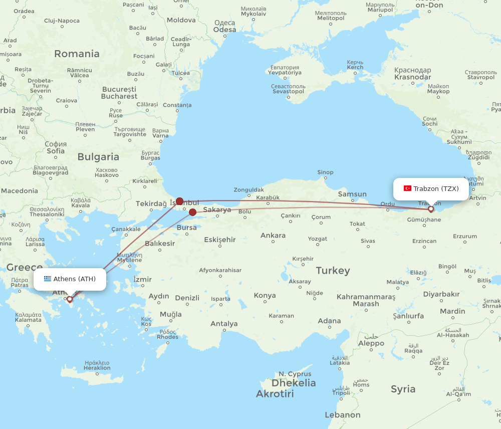 ATH to TZX flights and routes map