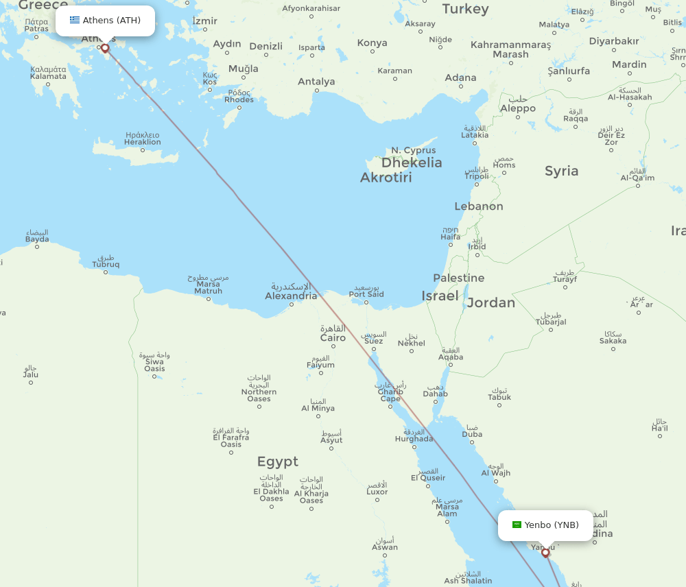 Yanbu - Athens route map and flight paths