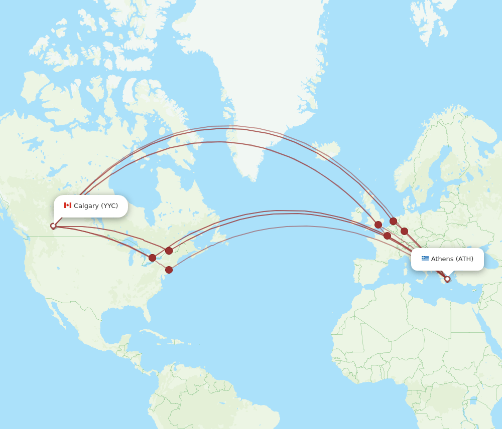 Calgary - Athens route map and flight paths