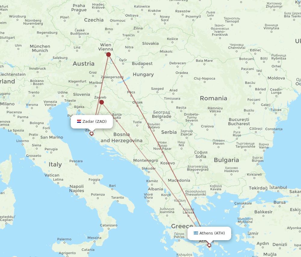 Zadar - Athens route map and flight paths