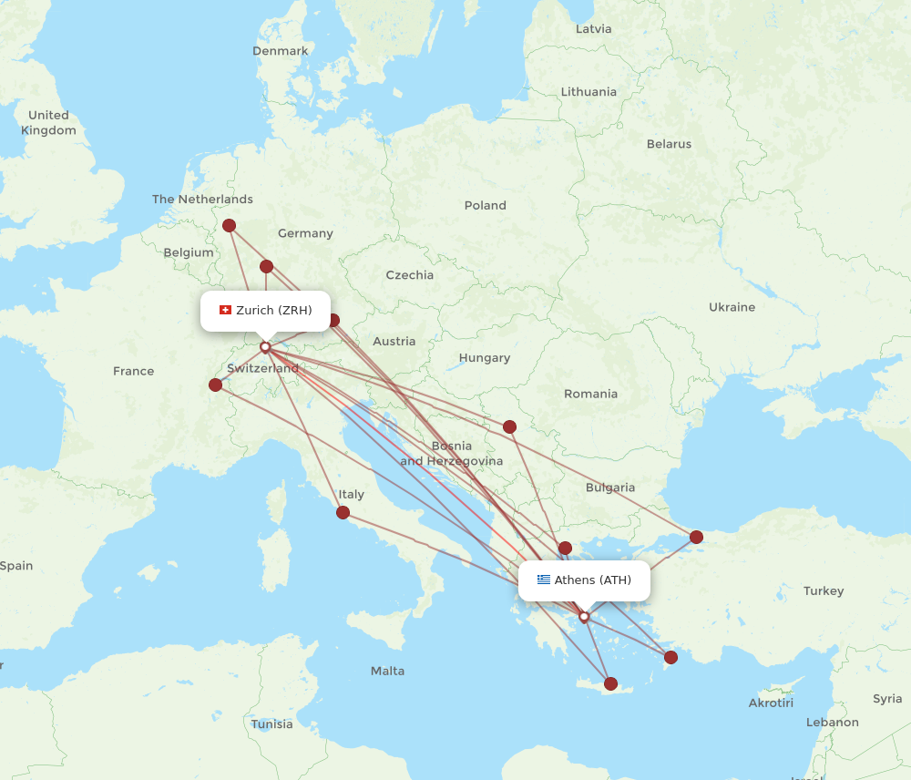 ATH to ZRH flights and routes map