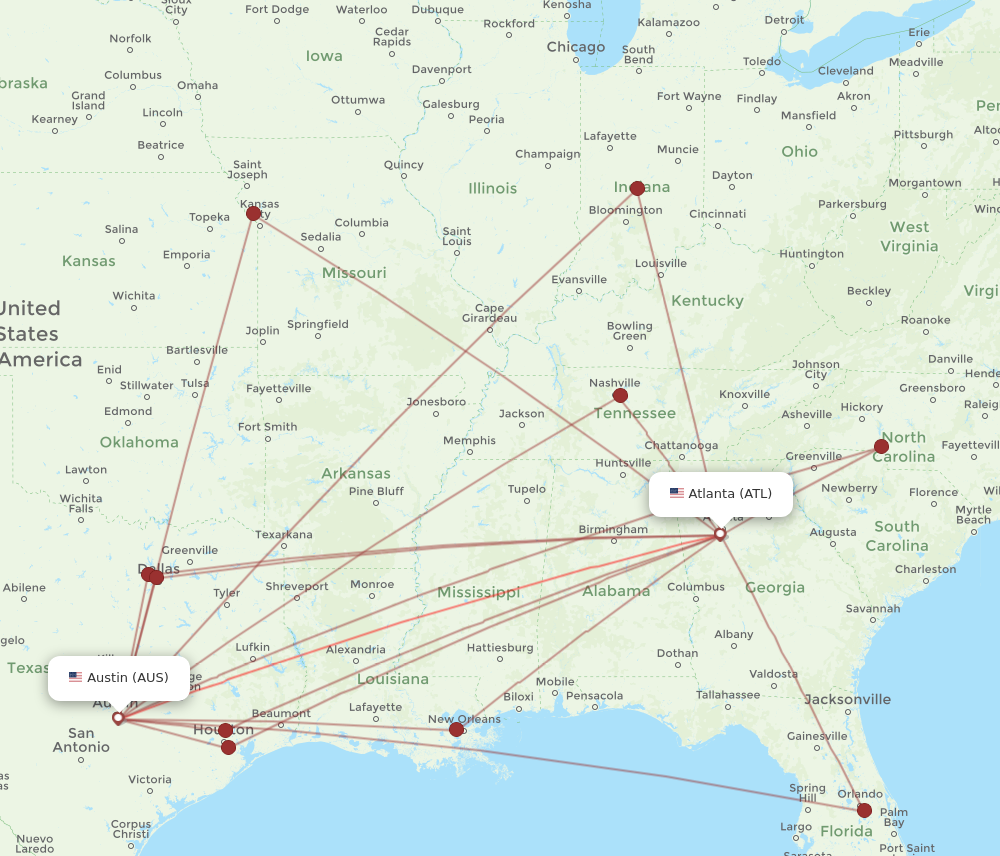 Atlanta - Austin route map and flight paths