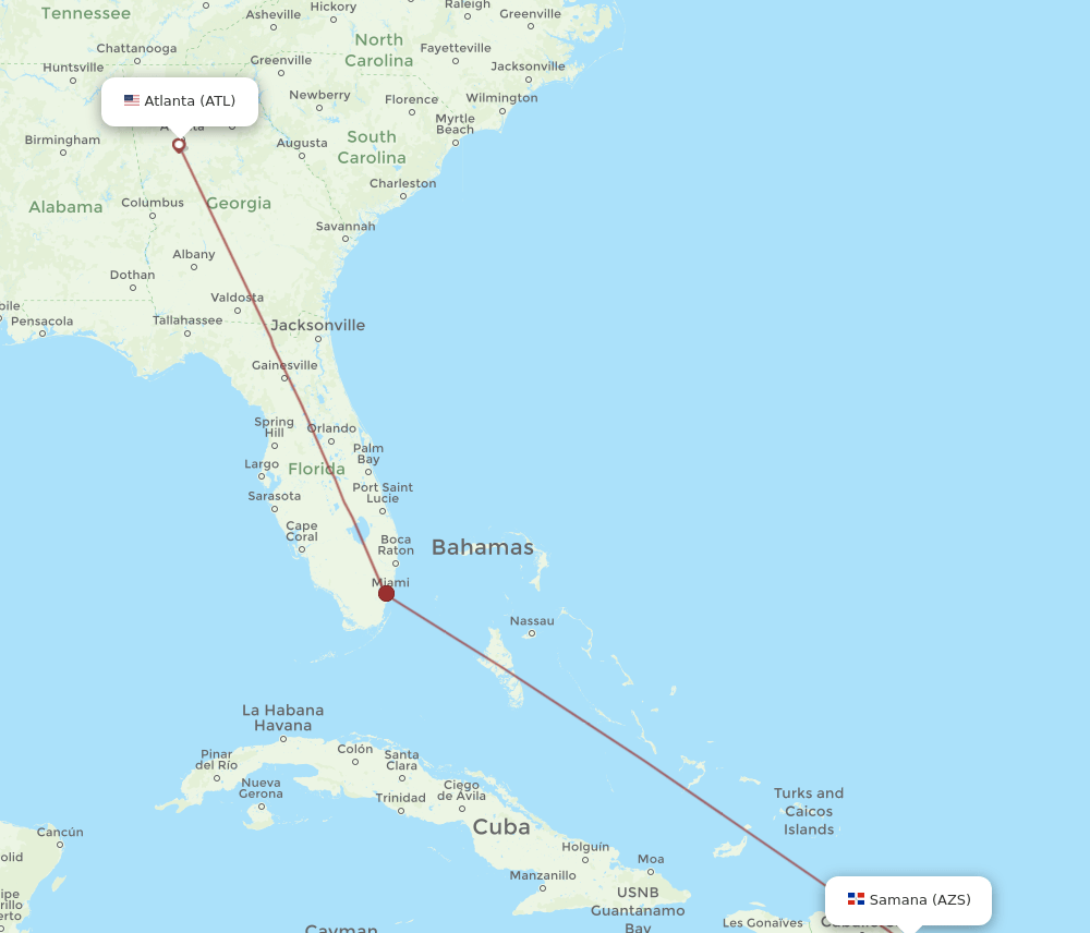Atlanta - El Catey/Samana route map and flight paths