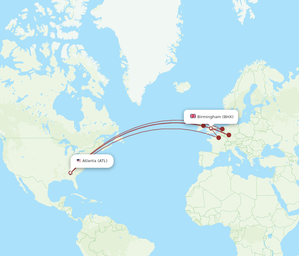 ATL to BHX flights and routes map