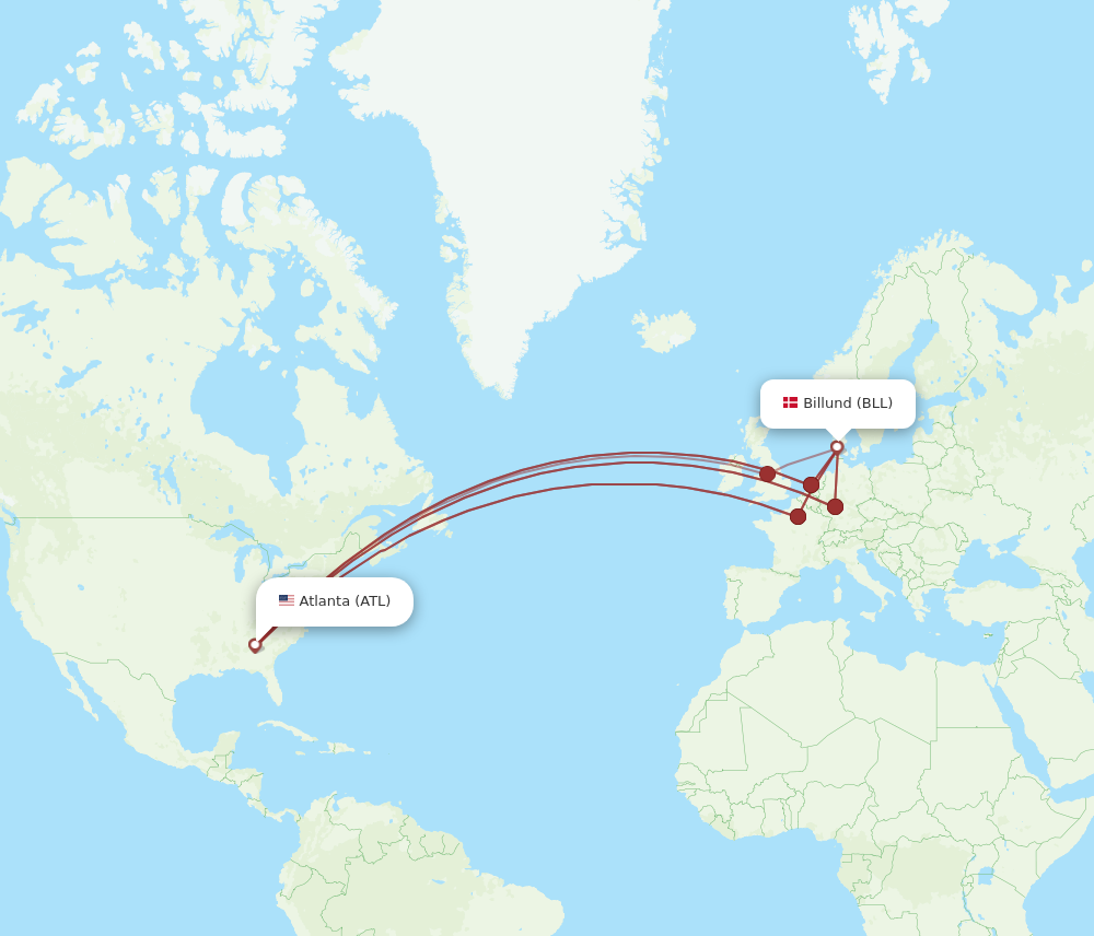 ATL to BLL flights and routes map