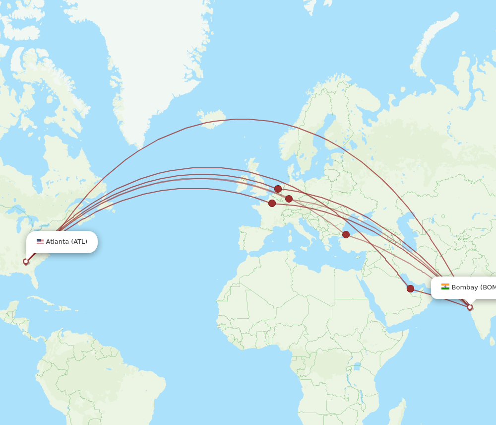 ATL to BOM flights and routes map