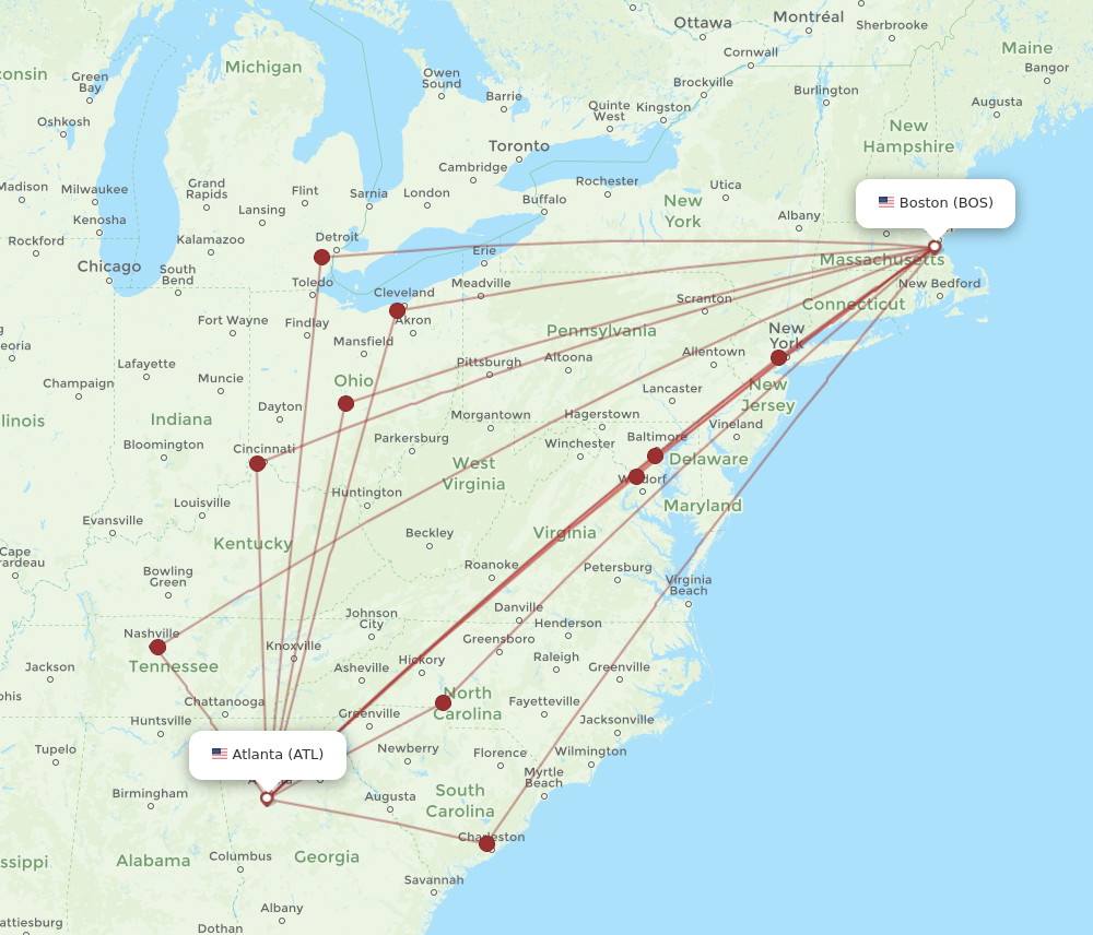 Atlanta - Boston route map and flight paths