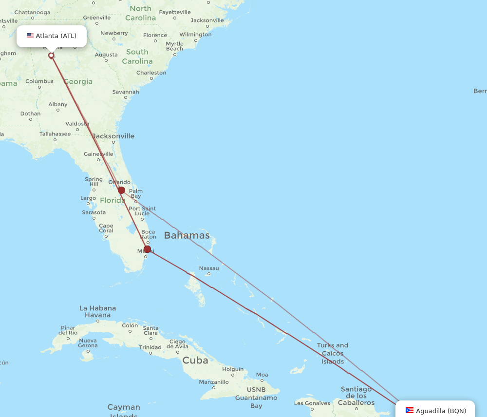 ATL to BQN flights and routes map