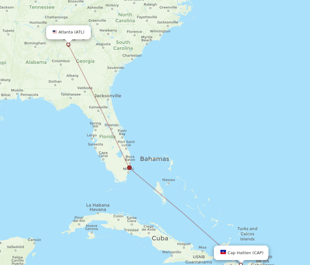Atlanta - Cap Haitien route map and flight paths