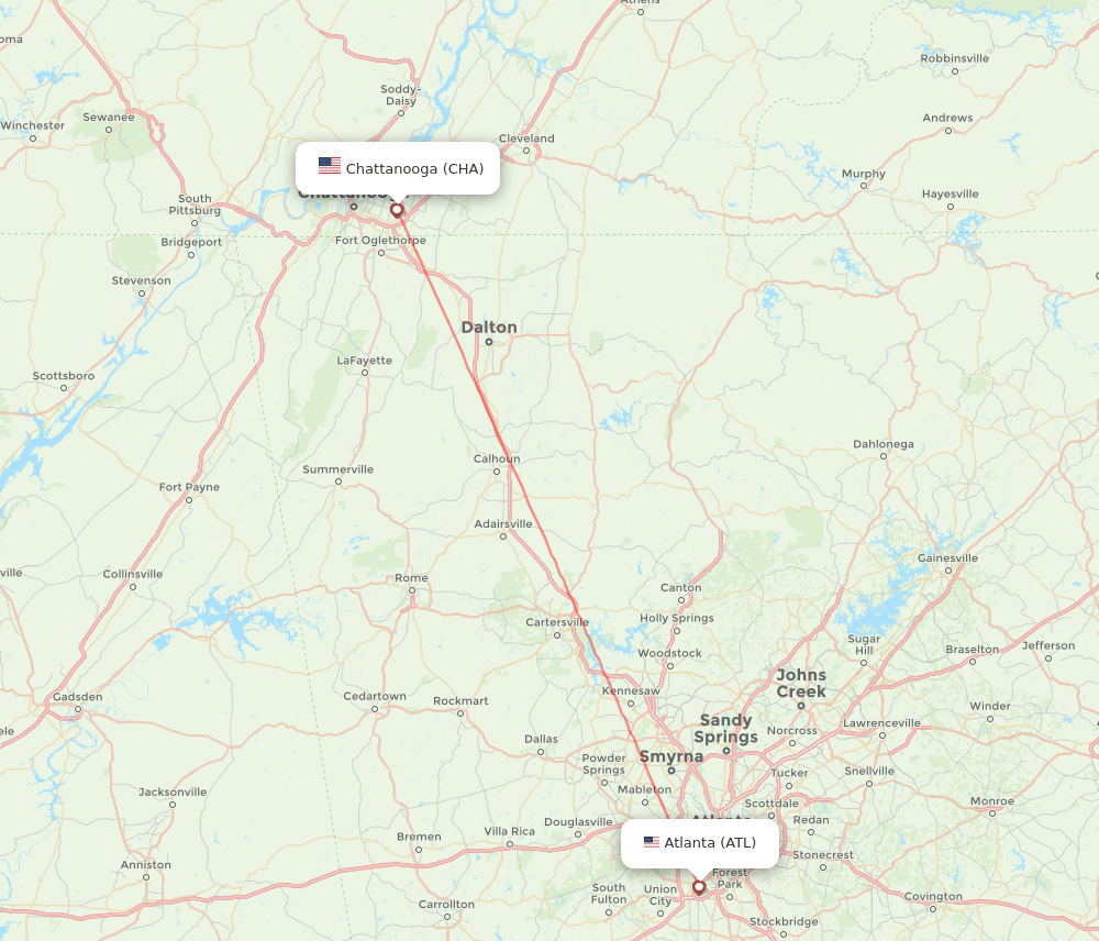 Atlanta - Chattanooga route map and flight paths
