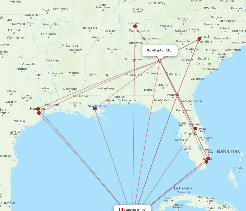 Atlanta - Cancun route map and flight paths