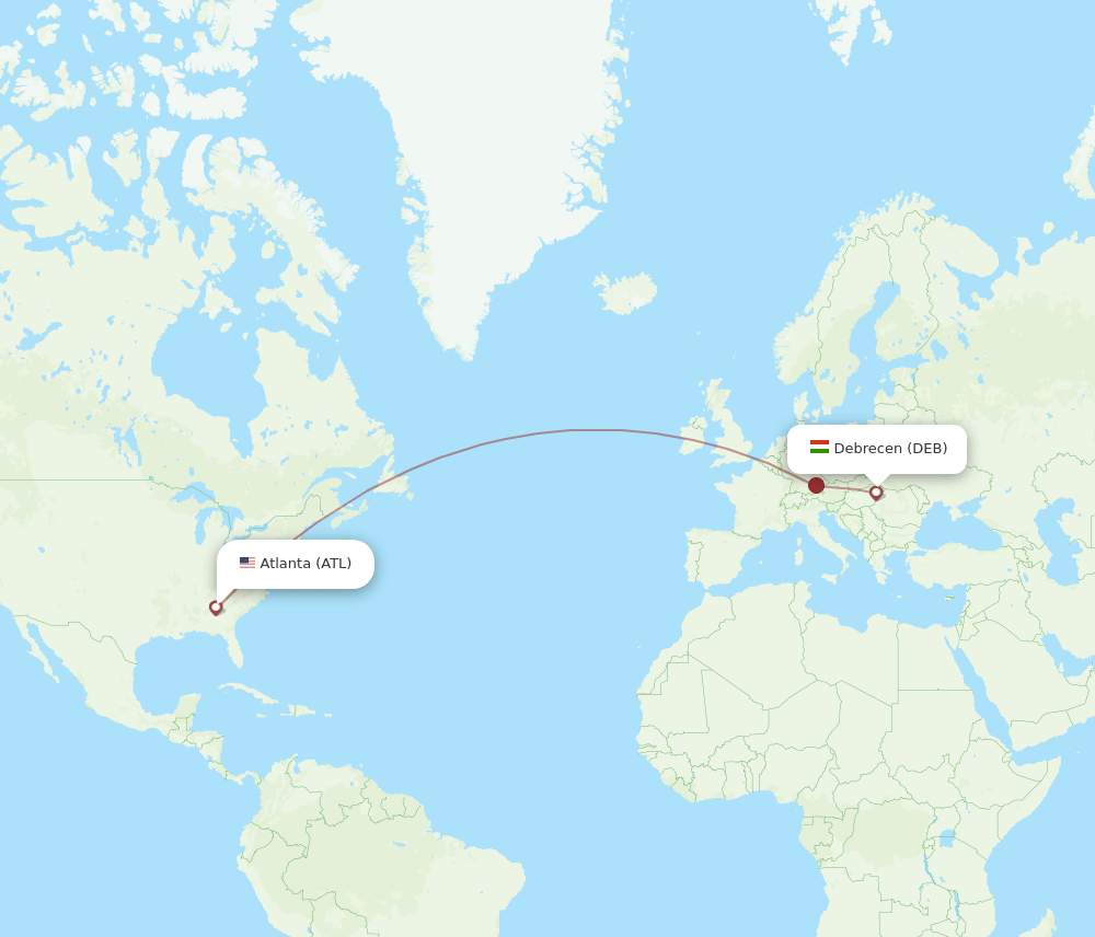 Atlanta - Debrecen route map and flight paths