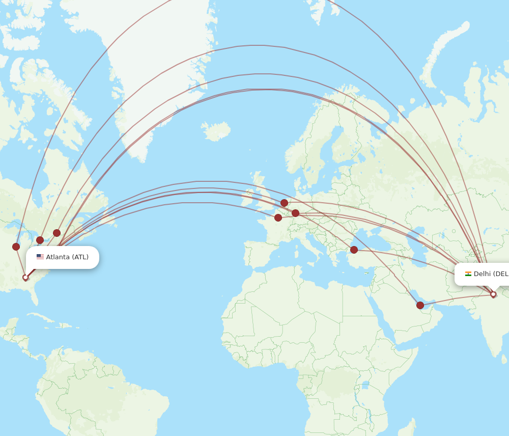 ATL to DEL flights and routes map