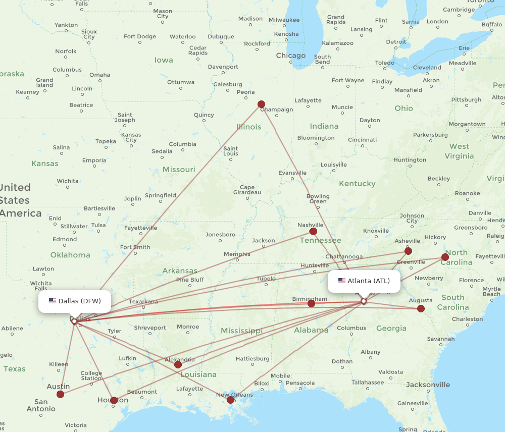 ATL to DFW flights and routes map