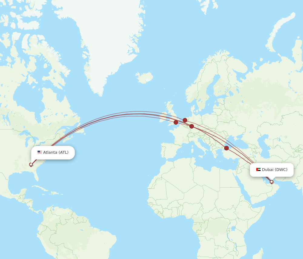 Atlanta - Dubai route map and flight paths