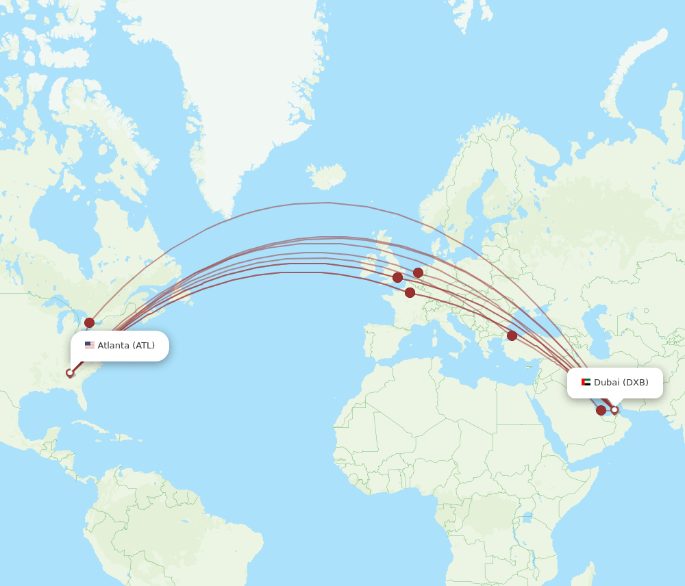 ATL to DXB flights and routes map