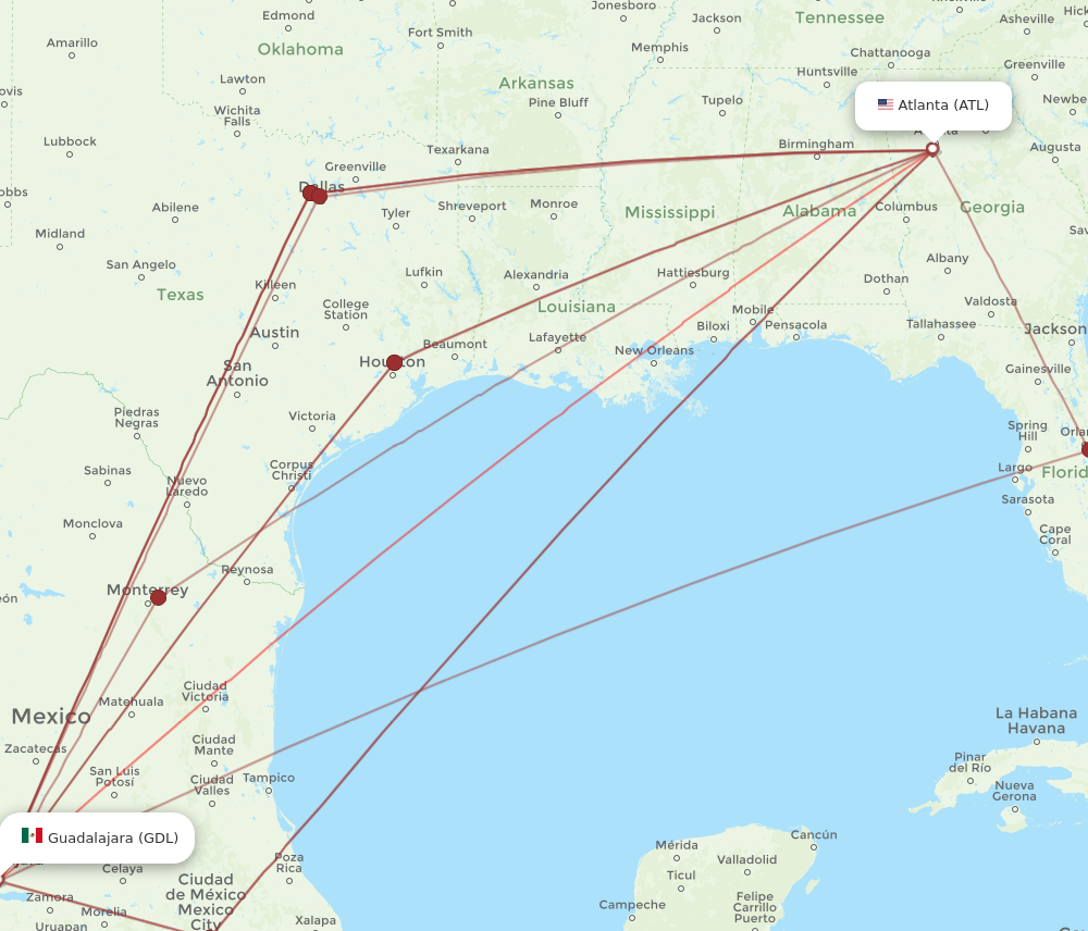 ATL to GDL flights and routes map