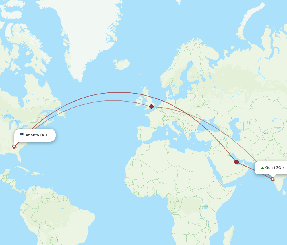 Atlanta - Goa route map and flight paths