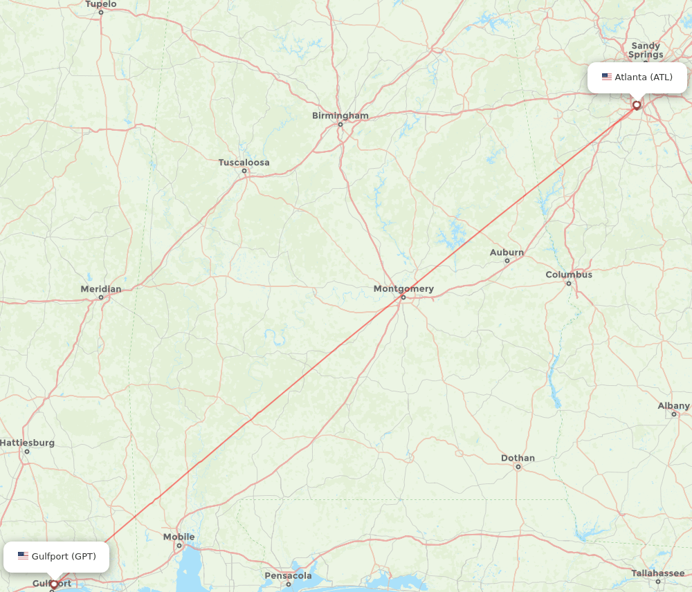 Atlanta - Gulfport route map and flight paths