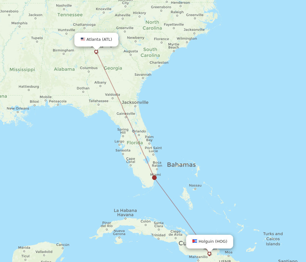 ATL to HOG flights and routes map