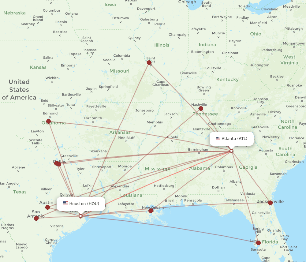 ATL to HOU flights and routes map