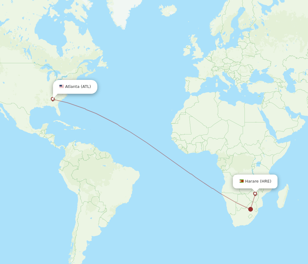Harare - Atlanta route map and flight paths