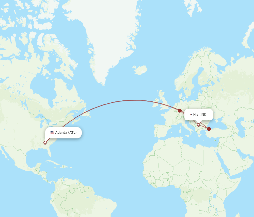 Nis - Atlanta route map and flight paths