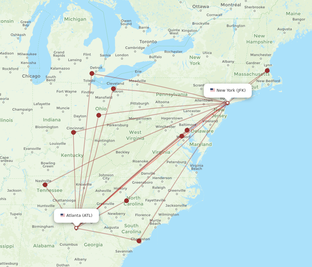 ATL to JFK flights and routes map