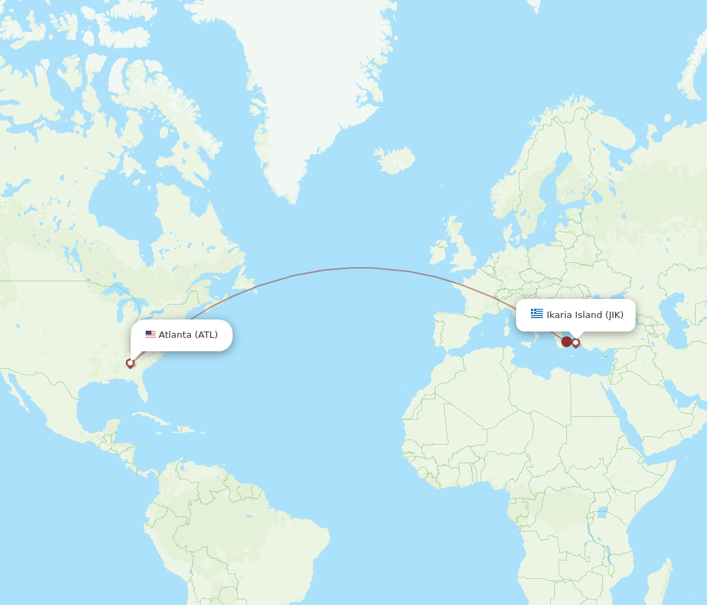 Atlanta - Ikaria Island route map and flight paths