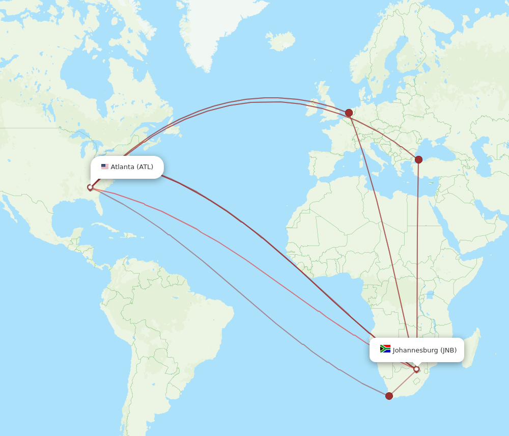 ATL to JNB flights and routes map
