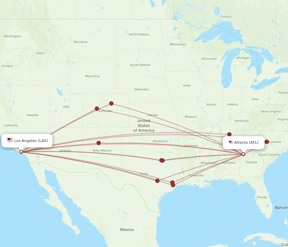 Atlanta - Los Angeles route map and flight paths