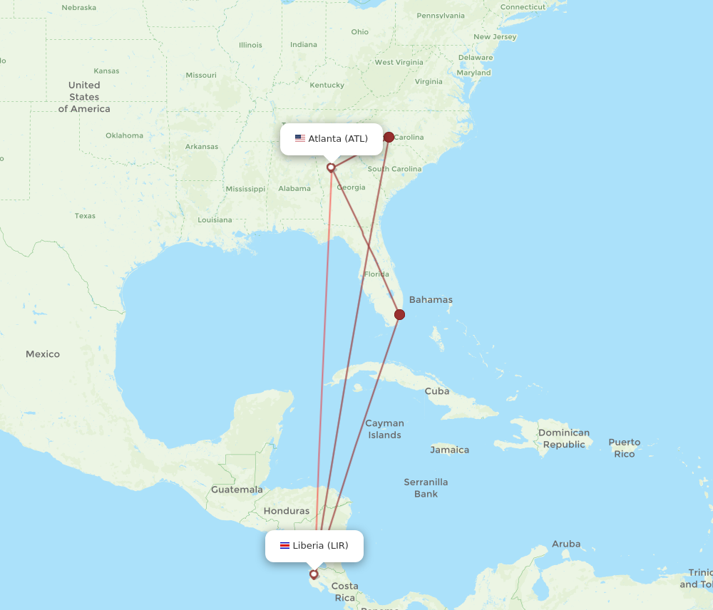 ATL to LIR flights and routes map