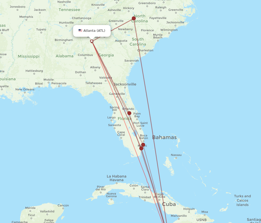 ATL to MBJ flights and routes map