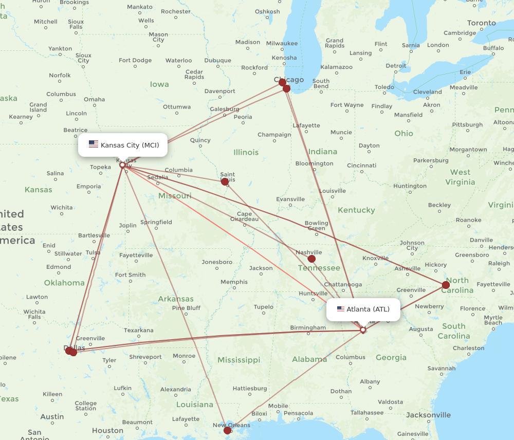 ATL to MCI flights and routes map