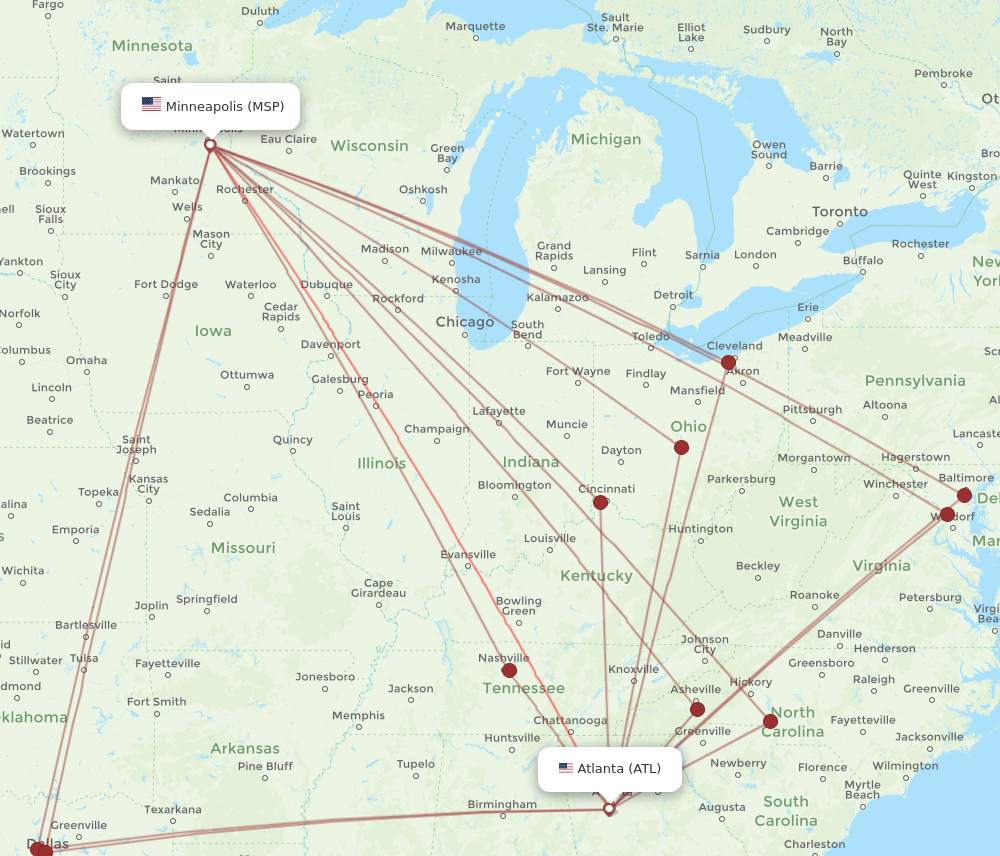 Atlanta - Minneapolis route map and flight paths