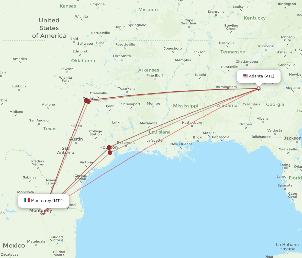ATL to MTY flights and routes map