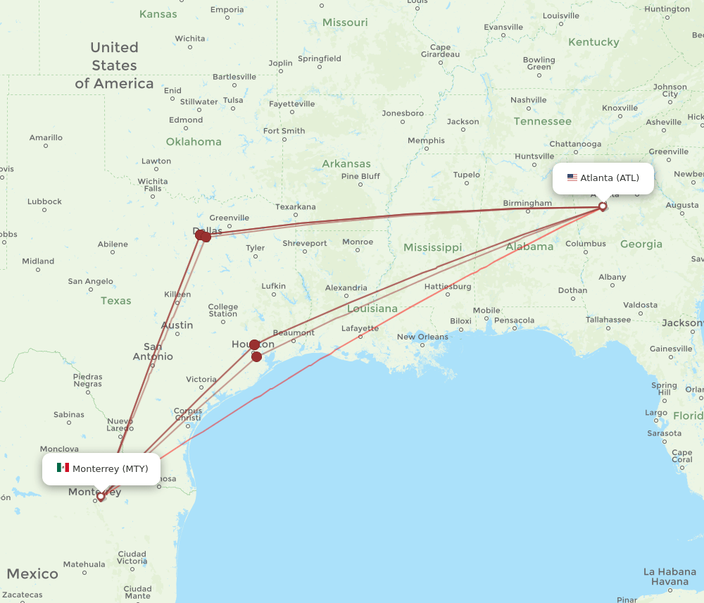 ATL to MTY flights and routes map