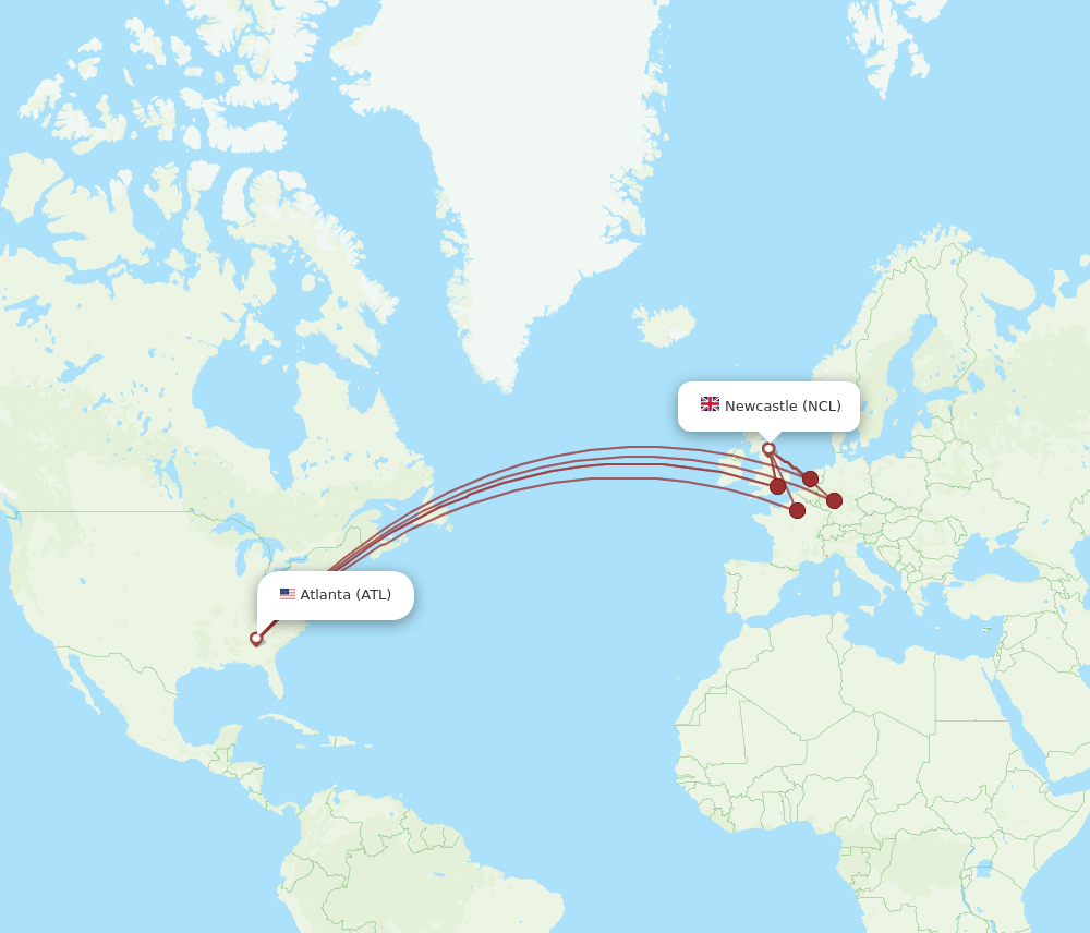 ATL to NCL flights and routes map
