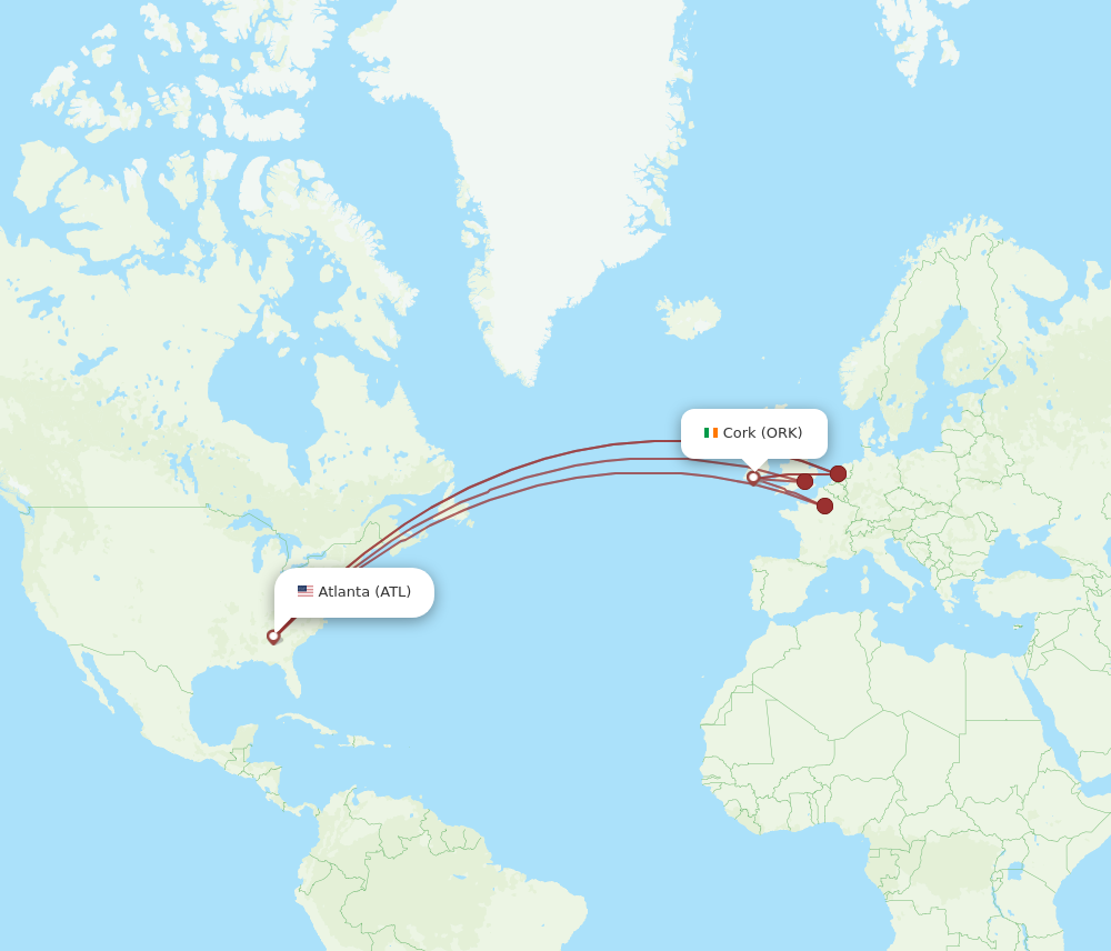 ATL to ORK flights and routes map
